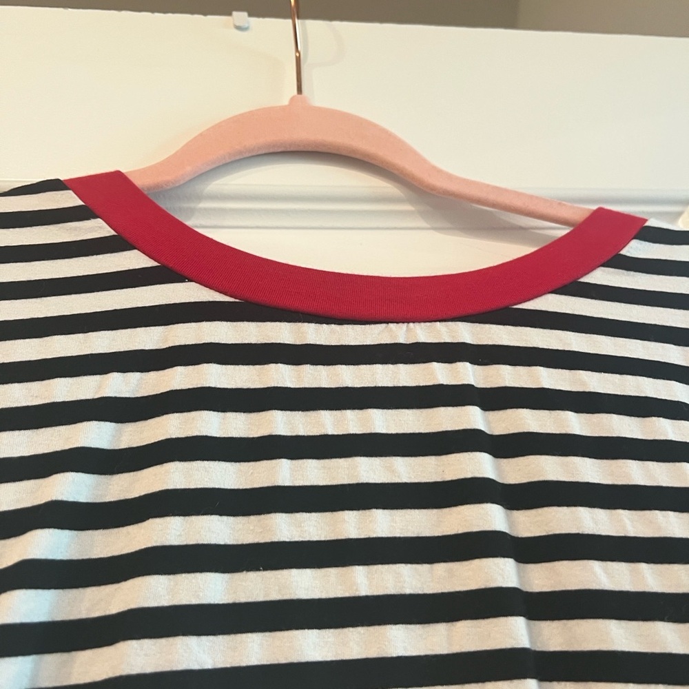 Women's Black & White Striped Short Sleeve Tee with Pink Trim - Picture 14 of 15